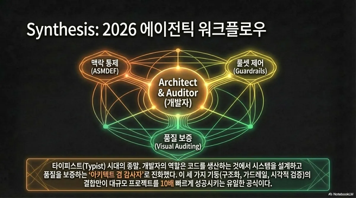 Synthesis: 2026 에이전틱 워크플로 도식. 가운데 Architect & Auditor(개발자)를 맥락 통제(ASMDEF), 룰셋 제어(Guardrails), 품질 보증(Visual Auditing) 세 원이 둘러싸고 선으로 연결된 그림. 아래 설명은 타이피스트(Typist) 시대의 종말, 개발자의 역할은 코드를 생산하는 것에서 시스템을 설계하고 품질을 보증하는 아키텍트 겸 감사자로 진화했으며, 이 세 가지 기둥(구조화, 가드레일, 시각적 검증)의 결합만이 대규모 프로젝트를 10배 빠르게 성공시키는 유일한 공식이라는 문장