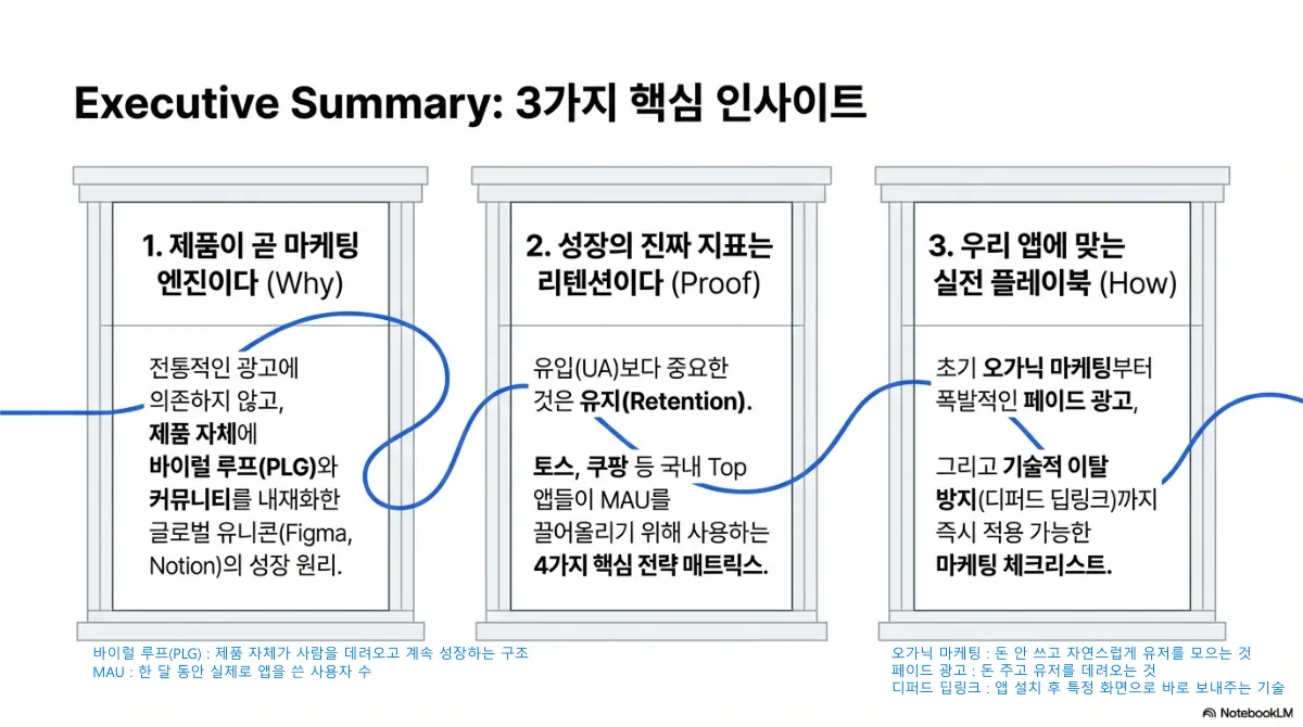 Executive Summary 슬라이드. 1 제품이 곧 마케팅 엔진이다(Why) — 전통적인 광고에 의존하지 않고 제품 자체에 바이럴 루프(PLG)와 커뮤니티를 내재화한 글로벌 기업들의 성장 원리. 2 성장의 진짜 지표는 리텐션이다(Proof) — 유입(UA)보다 중요한 것은 유지이며, 국내 상위 앱들이 월간 활성 사용자를 끌어올리기 위해 사용하는 4가지 핵심 전략 매트릭스. 3 우리 앱에 맞는 실전 플레이북(How) — 초기 오가닉 마케팅부터 페이드 광고, 그리고 기술적 이탈 방지(디퍼드 딥링크)까지 즉시 적용 가능한 마케팅 체크리스트