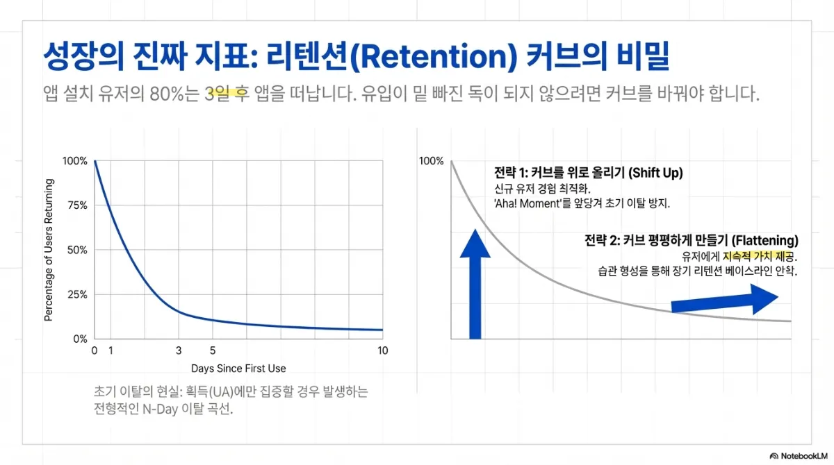 리텐션 커브 슬라이드. 앱 설치 유저의 80%는 3일 후 앱을 떠난다는 설명과 함께, 왼쪽에 급격히 떨어지는 N-Day 이탈 곡선. 오른쪽에는 두 가지 전략 — 전략 1 커브를 위로 올리기(Shift Up)는 신규 유저 경험을 최적화하고 Aha! Moment 를 앞당겨 초기 이탈을 방지하는 것, 전략 2 커브 평평하게 만들기(Flattening)는 유저에게 지속적 가치를 제공하고 습관 형성을 통해 장기 리텐션 베이스라인을 안착시키는 것