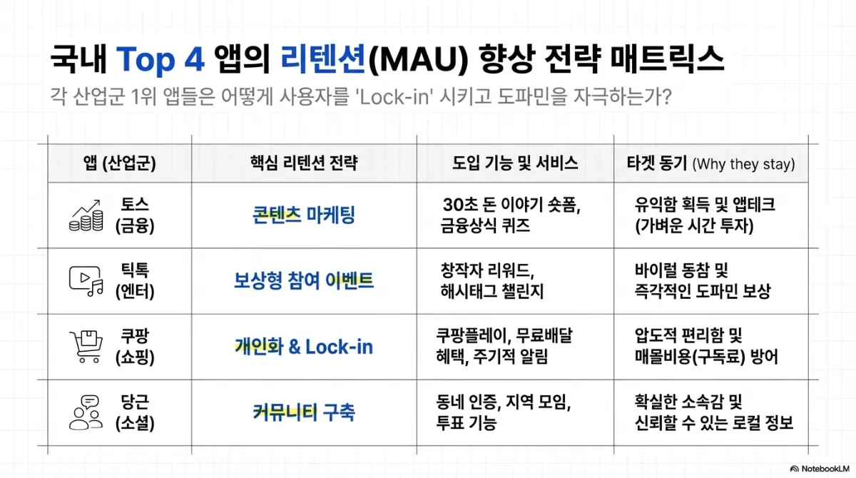 국내 Top 4 앱의 리텐션 전략 매트릭스. 금융 앱은 콘텐츠 마케팅 전략으로 30초 돈 이야기 숏폼과 금융상식 퀴즈를 도입해 유익함 획득과 가벼운 시간 투자를 동기로 삼는다. 엔터테인먼트 앱은 보상형 참여 이벤트로 창작자 리워드와 해시태그 챌린지를 운영해 바이럴 동참과 즉각적인 보상을 동기로 삼는다. 쇼핑 앱은 개인화와 Lock-in 전략으로 부가 서비스·무료배달 혜택·주기적 알림을 통해 편리함과 매몰비용 방어를 동기로 삼는다. 소셜 앱은 커뮤니티 구축 전략으로 동네 인증·지역 모임·투표 기능을 통해 소속감과 신뢰할 수 있는 로컬 정보를 동기로 삼는다
