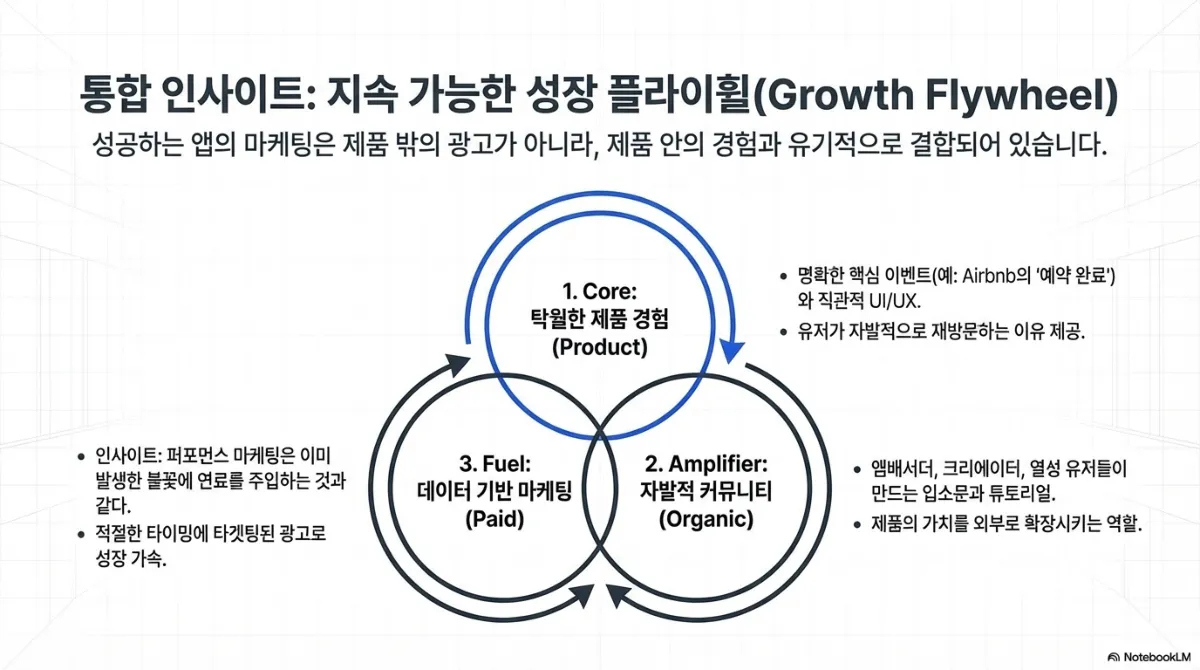 성장 플라이휠 도식. 1 Core 탁월한 제품 경험(Product) — 명확한 핵심 이벤트와 직관적 UI/UX로 유저가 자발적으로 재방문하는 이유를 제공. 2 Amplifier 자발적 커뮤니티(Organic) — 앰배서더·크리에이터·열성 유저들이 만드는 입소문과 튜토리얼이 제품의 가치를 외부로 확장. 3 Fuel 데이터 기반 마케팅(Paid) — 퍼포먼스 마케팅은 이미 발생한 불꽃에 연료를 주입하는 것과 같으며, 적절한 타이밍에 타겟팅된 광고로 성장을 가속