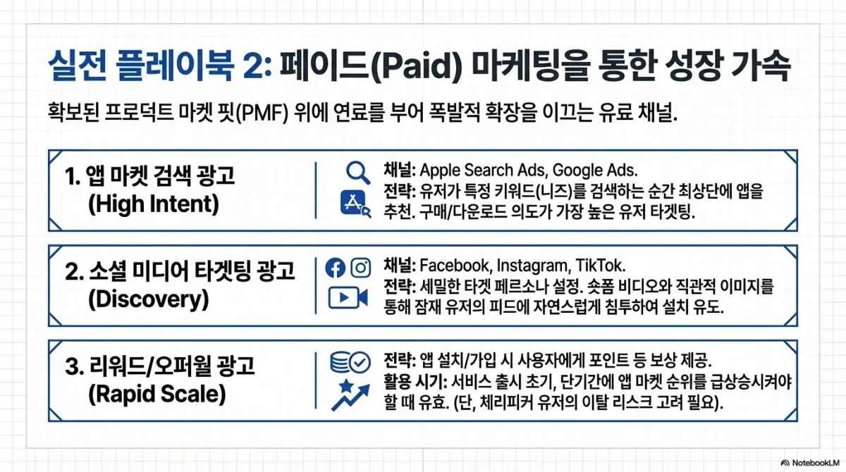 실전 플레이북 2 페이드 마케팅. 1 앱 마켓 검색 광고(High Intent) — Apple Search Ads, Google Ads 채널에서 유저가 특정 키워드를 검색하는 순간 최상단에 앱을 추천해 다운로드 의도가 가장 높은 유저를 타겟팅. 2 소셜 미디어 타겟팅 광고(Discovery) — Facebook, Instagram, TikTok 에서 세밀한 타겟 페르소나를 설정하고 숏폼 비디오와 직관적 이미지로 잠재 유저의 피드에 자연스럽게 침투. 3 리워드/오퍼월 광고(Rapid Scale) — 앱 설치·가입 시 포인트 등 보상을 제공하며, 서비스 출시 초기 단기간에 앱 마켓 순위를 급상승시켜야 할 때 유효하나 체리피커 유저의 이탈 리스크를 고려해야 함