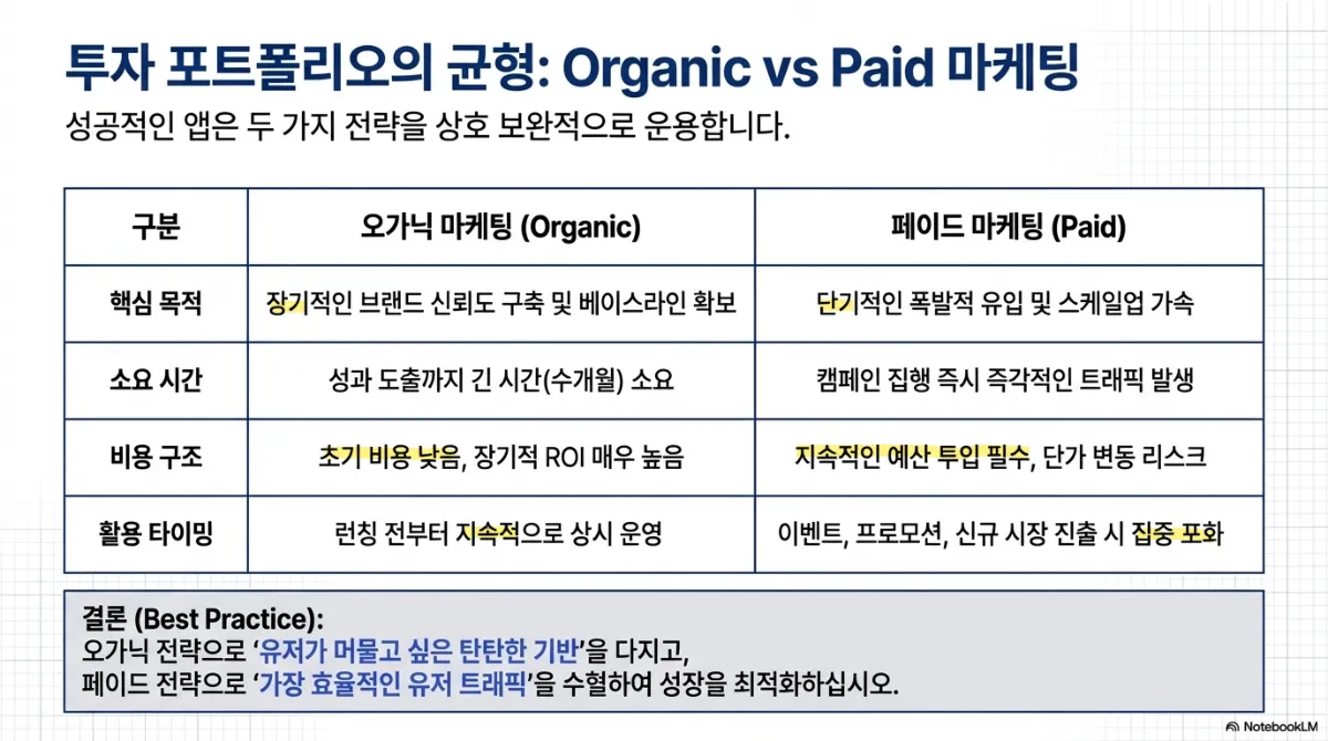 오가닉과 페이드 비교표. 핵심 목적은 장기적인 브랜드 신뢰도 구축 및 베이스라인 확보 대 단기적인 폭발적 유입 및 스케일업 가속. 소요 시간은 성과 도출까지 수개월 소요 대 캠페인 집행 즉시 트래픽 발생. 비용 구조는 초기 비용이 낮고 장기적 ROI 가 높음 대 지속적인 예산 투입이 필수이고 단가 변동 리스크가 있음. 활용 타이밍은 런칭 전부터 지속 상시 운영 대 이벤트·프로모션·신규 시장 진출 시 집중 포화. 결론은 오가닉 전략으로 유저가 머물고 싶은 기반을 다지고 페이드 전략으로 효율적인 트래픽을 수혈하라는 것