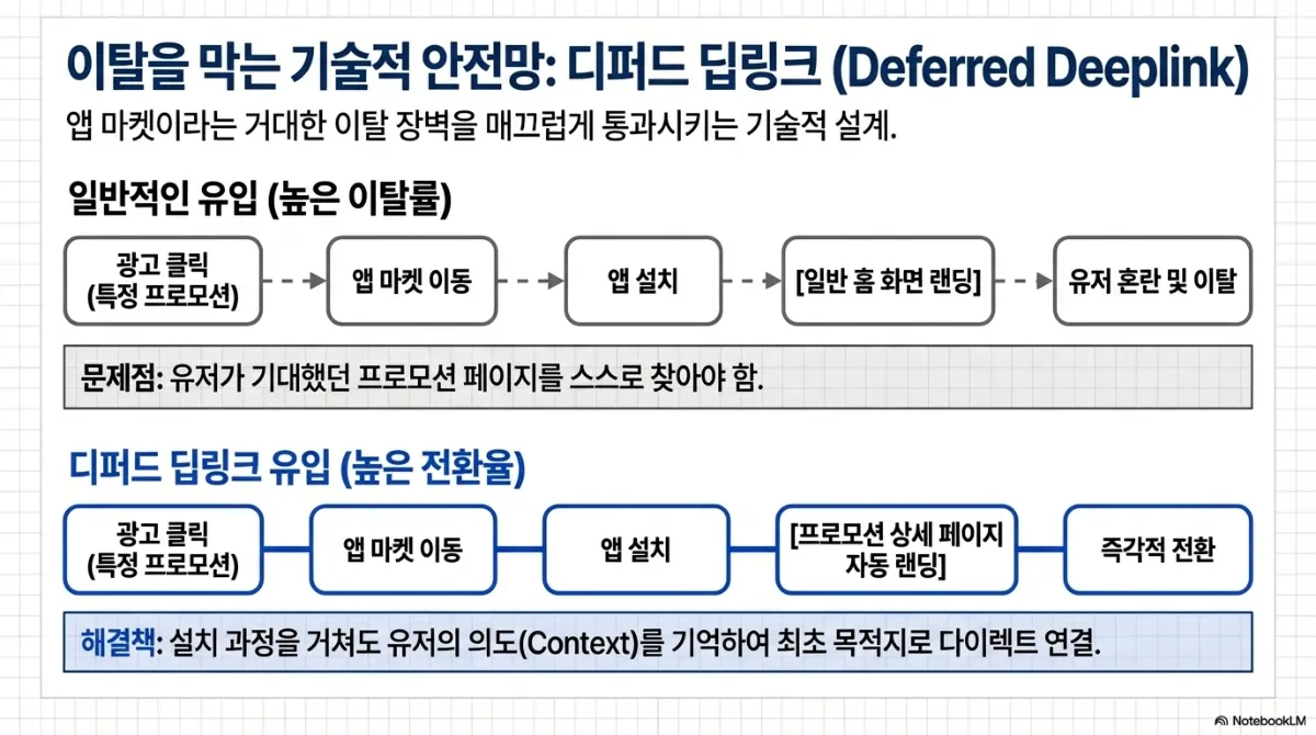디퍼드 딥링크 설명 슬라이드. 일반적인 유입은 광고 클릭(특정 프로모션) → 앱 마켓 이동 → 앱 설치 → 일반 홈 화면 랜딩 → 유저 혼란 및 이탈로 이어지며, 문제는 유저가 기대했던 프로모션 페이지를 스스로 찾아야 한다는 것. 디퍼드 딥링크 유입은 광고 클릭 → 앱 마켓 이동 → 앱 설치 → 프로모션 상세 페이지 자동 랜딩 → 즉각적 전환으로 이어지며, 설치 과정을 거쳐도 유저의 의도를 기억하여 최초 목적지로 다이렉트 연결한다는 해결책