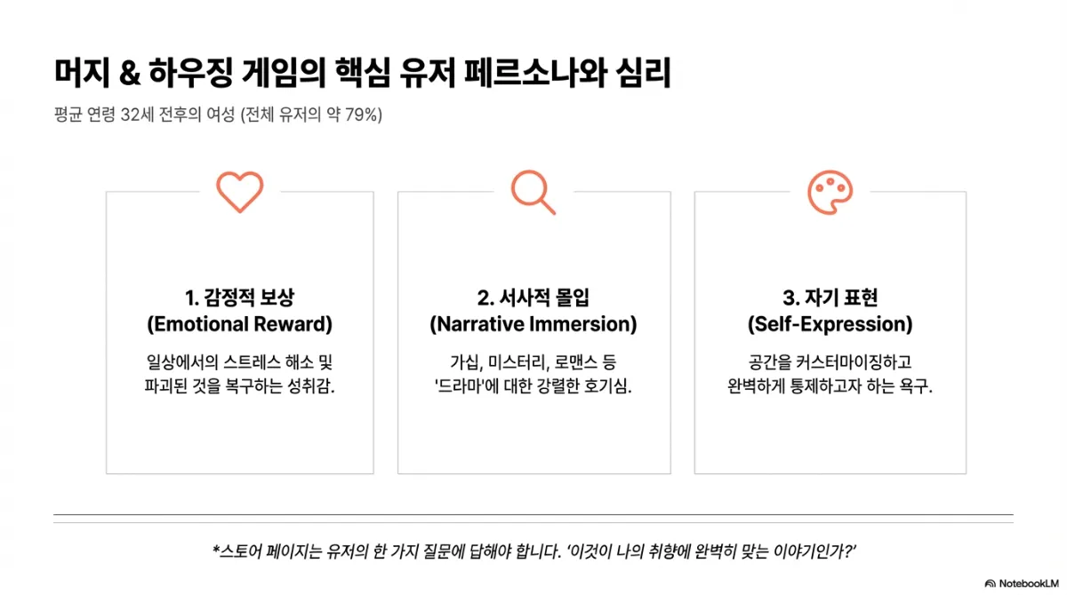 머지 & 하우징 게임의 핵심 유저 페르소나와 심리 슬라이드. 평균 연령 32세 전후의 여성(전체 유저의 약 79%). 1 감정적 보상(Emotional Reward) — 일상에서의 스트레스 해소 및 파괴된 것을 복구하는 성취감. 2 서사적 몰입(Narrative Immersion) — 가십, 미스터리, 로맨스 등 드라마에 대한 강렬한 호기심. 3 자기 표현(Self-Expression) — 공간을 커스터마이징하고 완벽하게 통제하고자 하는 욕구. 아래 주석은 스토어 페이지가 이것이 나의 취향에 완벽히 맞는 이야기인가라는 한 가지 질문에 답해야 한다는 것