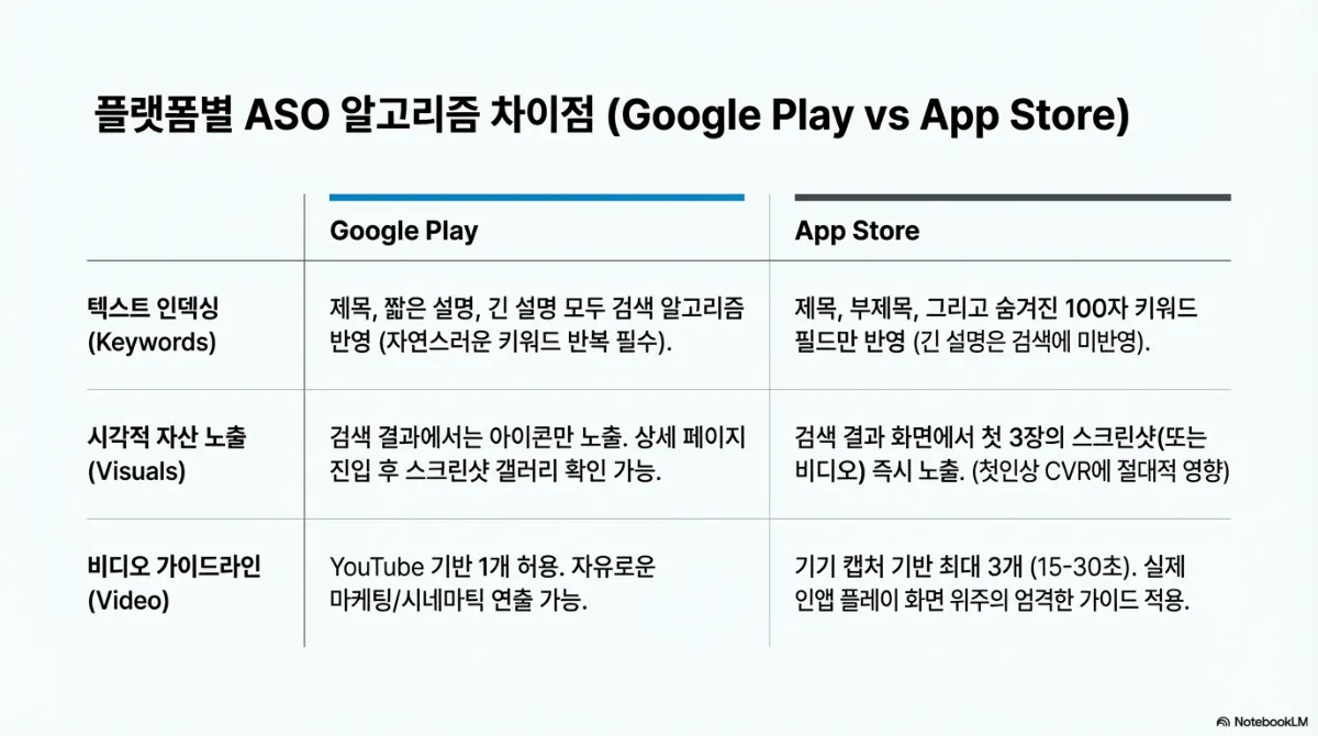 플랫폼별 ASO 알고리즘 차이점 표. 텍스트 인덱싱 — 구글 플레이는 제목·짧은 설명·긴 설명 모두 검색 알고리즘에 반영되어 자연스러운 키워드 반복이 필수, 앱스토어는 제목·부제목·숨겨진 100자 키워드 필드만 반영되고 긴 설명은 검색에 미반영. 시각적 자산 노출 — 구글 플레이는 검색 결과에서 아이콘만 노출되고 상세 페이지 진입 후 스크린샷 갤러리 확인 가능, 앱스토어는 검색 결과 화면에서 첫 3장의 스크린샷 또는 비디오가 즉시 노출되어 첫인상 CVR에 절대적 영향. 비디오 가이드라인 — 구글은 유튜브 기반 1개 허용으로 자유로운 마케팅·시네마틱 연출 가능, 애플은 기기 캡처 기반 최대 3개(15~30초)로 실제 인앱 플레이 화면 위주의 엄격한 가이드 적용