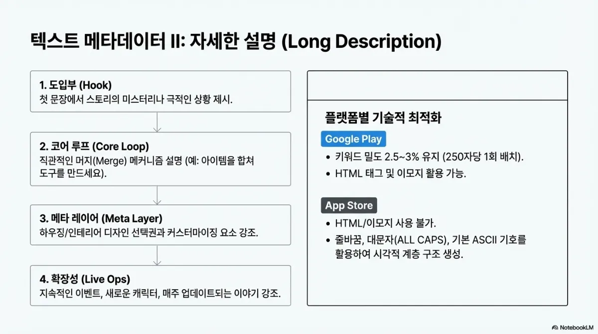 텍스트 메타데이터 II 자세한 설명 구성. 1 도입부(첫 문장에서 스토리의 미스터리나 극적인 상황 제시) → 2 코어 루프(직관적인 머지 메커니즘 설명, 예: 아이템을 합쳐 도구를 만드세요) → 3 메타 레이어(하우징·인테리어 디자인 선택권과 커스터마이징 요소 강조) → 4 확장성(지속적인 이벤트, 새로운 캐릭터, 매주 업데이트되는 이야기 강조). 오른쪽 플랫폼별 기술적 최적화 — 구글 플레이는 키워드 밀도 2.5~3% 유지(250자당 1회 배치), HTML 태그 및 이모지 활용 가능. 앱스토어는 HTML·이모지 사용 불가, 줄바꿈·대문자·기본 ASCII 기호를 활용해 시각적 계층 구조 생성