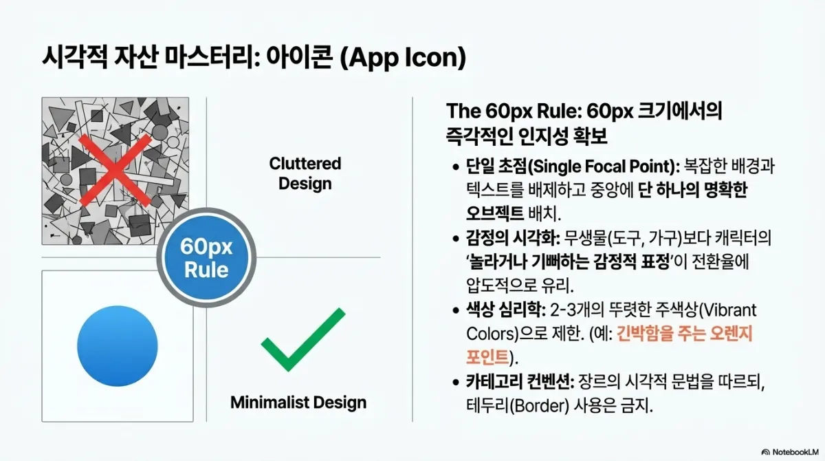 시각적 자산 마스터리 아이콘 슬라이드. 왼쪽에 복잡한 도형이 가득한 Cluttered Design 에 빨간 X, 아래에 단순한 원 하나인 Minimalist Design 에 초록 체크, 가운데 60px Rule 배지. 오른쪽 설명 — 단일 초점(복잡한 배경과 텍스트를 배제하고 중앙에 단 하나의 명확한 오브젝트 배치), 감정의 시각화(무생물인 도구·가구보다 캐릭터의 놀라거나 기뻐하는 감정적 표정이 전환율에 압도적으로 유리), 색상 심리학(2~3개의 뚜렷한 주색상으로 제한, 예로 긴박함을 주는 오렌지 포인트), 카테고리 컨벤션(장르의 시각적 문법을 따르되 테두리 사용은 금지)