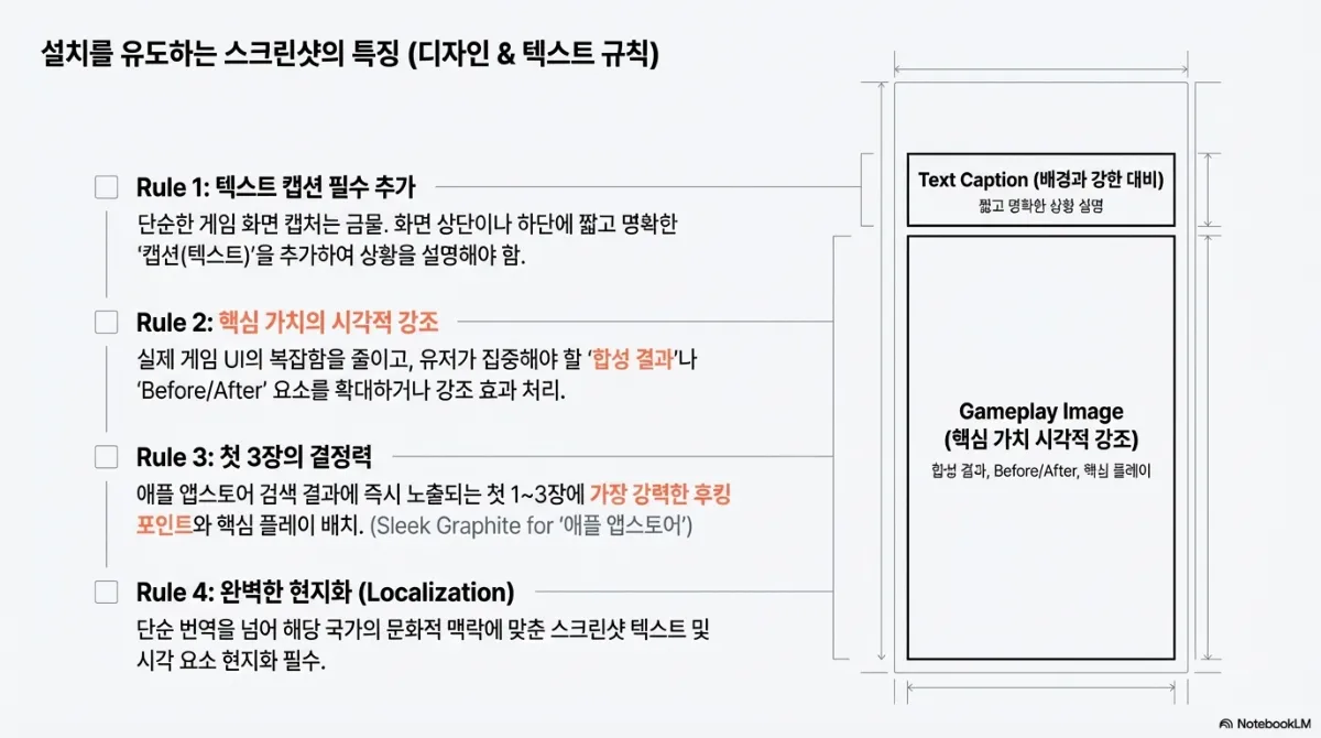 설치를 유도하는 스크린샷의 특징 슬라이드. Rule 1 텍스트 캡션 필수 추가 — 단순한 게임 화면 캡처는 금물, 화면 상단이나 하단에 짧고 명확한 캡션을 추가해 상황을 설명해야 함. Rule 2 핵심 가치의 시각적 강조 — 실제 게임 UI의 복잡함을 줄이고 유저가 집중해야 할 합성 결과나 Before/After 요소를 확대하거나 강조 효과 처리. Rule 3 첫 3장의 결정력 — 애플 앱스토어 검색 결과에 즉시 노출되는 첫 1~3장에 가장 강력한 후킹 포인트와 핵심 플레이 배치. Rule 4 완벽한 현지화 — 단순 번역을 넘어 해당 국가의 문화적 맥락에 맞춘 스크린샷 텍스트 및 시각 요소 현지화. 오른쪽에 텍스트 캡션과 게임플레이 이미지로 나뉜 세로 화면 도식