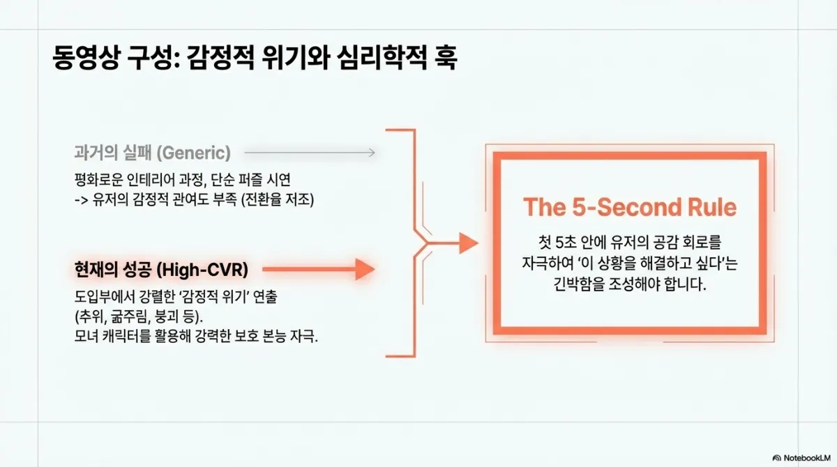 동영상 구성 슬라이드. 과거의 실패(Generic) — 평화로운 인테리어 과정, 단순 퍼즐 시연으로 유저의 감정적 관여도가 부족해 전환율 저조. 현재의 성공(High-CVR) — 도입부에서 강렬한 감정적 위기 연출(추위, 굶주림, 붕괴 등), 모녀 캐릭터를 활용해 강력한 보호 본능 자극. 결론은 The 5-Second Rule, 첫 5초 안에 유저의 공감 회로를 자극해 이 상황을 해결하고 싶다는 긴박함을 조성해야 한다는 것