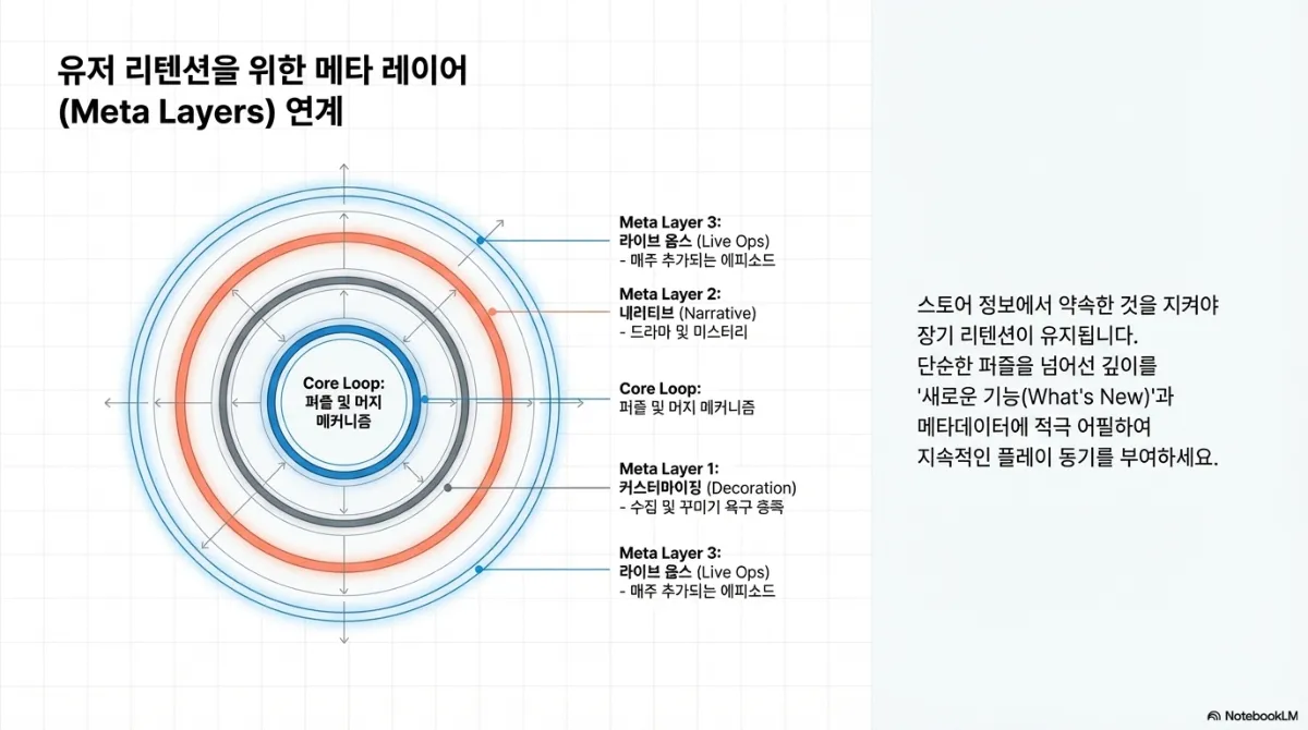 유저 리텐션을 위한 메타 레이어 연계 도식. 중심의 코어 루프(퍼즐 및 머지 메커니즘)를 메타 레이어 1 커스터마이징(수집 및 꾸미기 욕구 충족), 메타 레이어 2 내러티브(드라마 및 미스터리), 메타 레이어 3 라이브 옵스(매주 추가되는 에피소드)가 겹겹이 둘러싼 형태. 오른쪽 설명은 스토어 정보에서 약속한 것을 지켜야 장기 리텐션이 유지되며, 단순한 퍼즐을 넘어선 깊이를 새로운 기능(What's New)과 메타데이터에 적극 어필해 지속적인 플레이 동기를 부여하라는 것