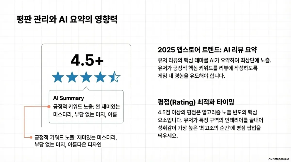 평판 관리와 AI 요약의 영향력 슬라이드. 왼쪽에 4.5점 이상 별점과 AI Summary 말풍선(긍정적 키워드 노출: 재미있는 미스터리, 부담 없는 머지, 아름다운 디자인). 오른쪽 설명 — 앱스토어의 AI 리뷰 요약은 유저 리뷰의 핵심 테마를 AI가 요약해 최상단에 노출하므로 유저가 긍정적 핵심 키워드를 리뷰에 작성하도록 게임 내 경험을 유도해야 한다. 평점 최적화 타이밍 — 4.5점 이상의 평점은 알고리즘 노출 빈도의 핵심 요소이며, 유저가 특정 구역의 인테리어를 끝내어 성취감이 가장 높은 최고조의 순간에 평점 팝업을 띄우라는 것
