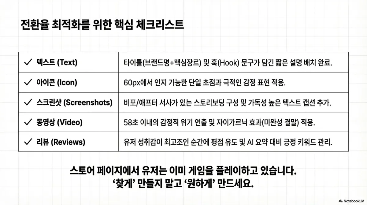 전환율 최적화를 위한 핵심 체크리스트. 텍스트 — 타이틀(브랜드명+핵심장르) 및 훅 문구가 담긴 짧은 설명 배치 완료. 아이콘 — 60px에서 인지 가능한 단일 초점과 극적인 감정 표현 적용. 스크린샷 — 비포/애프터 서사가 있는 스토리보딩 구성 및 가독성 높은 텍스트 캡션 추가. 동영상 — 58초 이내의 감정적 위기 연출 및 자이가르닉 효과(미완성 결말) 적용. 리뷰 — 유저 성취감이 최고조인 순간에 평점 유도 및 AI 요약 대비 긍정 키워드 관리. 아래 문구는 스토어 페이지에서 유저는 이미 게임을 플레이하고 있으니 찾게 만들지 말고 원하게 만들라는 것