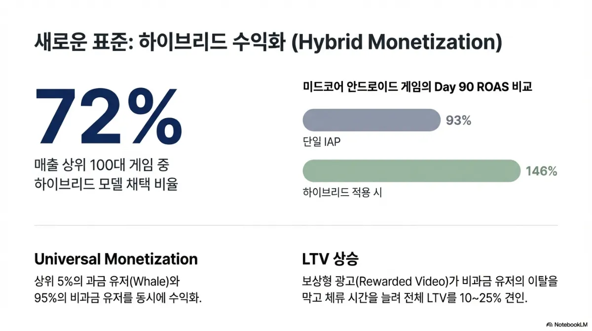 하이브리드 수익화 슬라이드. 매출 상위 100대 게임 중 하이브리드 모델 채택 비율 72%. 오른쪽 막대그래프는 미드코어 안드로이드 게임의 Day 90 ROAS 비교로 단일 IAP 93%, 하이브리드 적용 시 146%. 아래에 Universal Monetization(상위 5% 과금 유저와 95% 비과금 유저를 동시에 수익화)과 LTV 상승(보상형 광고가 비과금 유저의 이탈을 막고 체류 시간을 늘려 전체 LTV를 10~25% 견인)