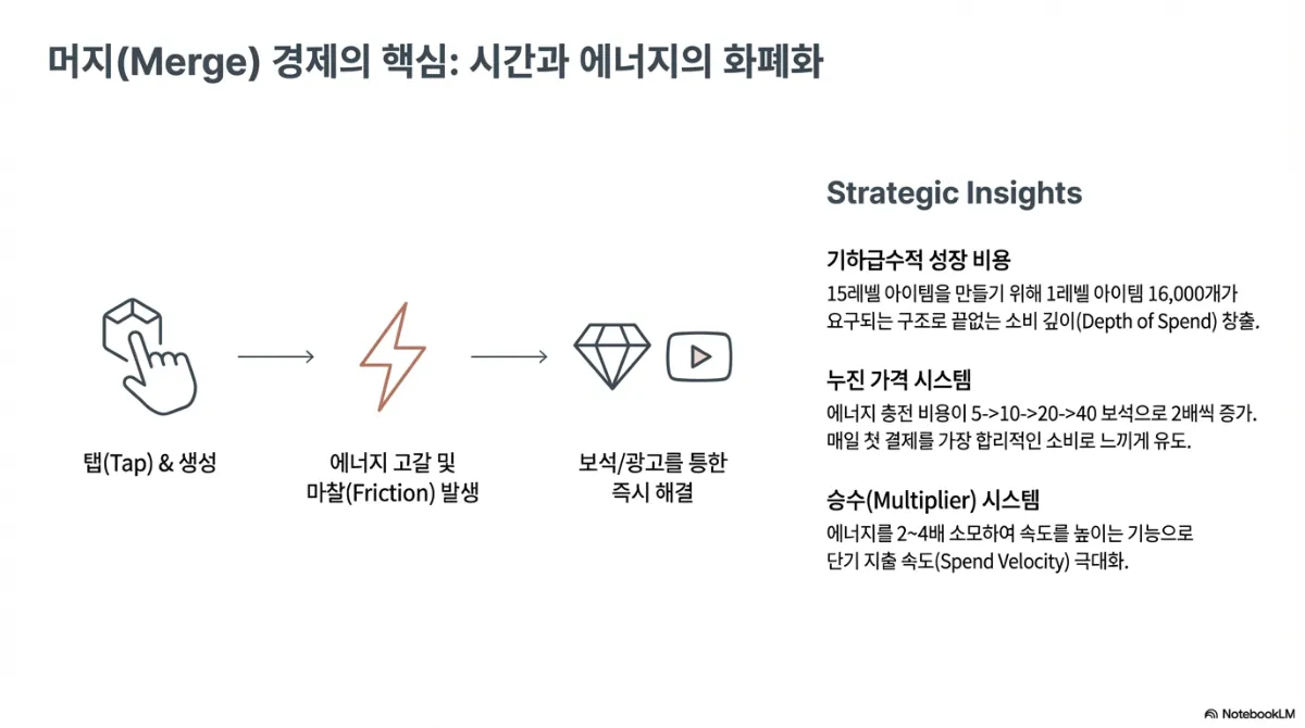 머지 경제의 핵심 슬라이드. 탭(Tap)과 생성 → 에너지 고갈 및 마찰(Friction) 발생 → 보석·광고를 통한 즉시 해결 흐름도. 오른쪽 전략 정리 — 기하급수적 성장 비용(15레벨 아이템을 만들려면 1레벨 아이템 16,000개가 필요한 구조로 끝없는 소비 깊이 창출), 누진 가격 시스템(에너지 충전 비용이 5→10→20→40 보석으로 2배씩 증가해 매일 첫 결제를 가장 합리적인 소비로 느끼게 유도), 승수 시스템(에너지를 2~4배 소모해 속도를 높이는 기능으로 단기 지출 속도 극대화)