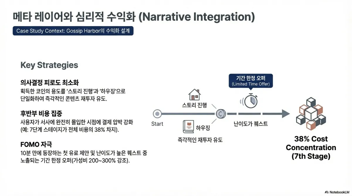 메타 레이어와 심리적 수익화 슬라이드. Gossip Harbor 사례. 스토리 진행과 하우징으로 즉각적인 재투자를 유도하고, 난이도가 높은 퀘스트 구간에 기간 한정 오퍼를 배치해 7단계 스테이지가 전체 비용의 38%를 차지한다는 도식. 왼쪽 전략 — 의사결정 피로도 최소화(코인의 용도를 두 가지로 단일화), 후반부 비용 집중, FOMO 자극(10분 만에 등장하는 첫 유료 제안과 가성비 200~300%를 강조한 기간 한정 오퍼)