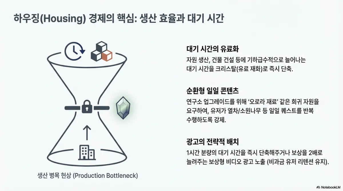 하우징 경제의 핵심 슬라이드. 생산 병목 현상을 모래시계로 표현. 오른쪽 설명 — 대기 시간의 유료화(자원 생산과 건물 건설의 대기 시간을 크리스탈로 즉시 단축), 순환형 일일 콘텐츠(연구소 업그레이드에 희귀 자원을 요구해 열차·소원나무 같은 일일 퀘스트를 반복하게 함), 광고의 전략적 배치(1시간 분량의 대기 시간을 즉시 단축하거나 보상을 2배로 늘려 주는 보상형 비디오 광고로 비과금 유저 리텐션 유지)