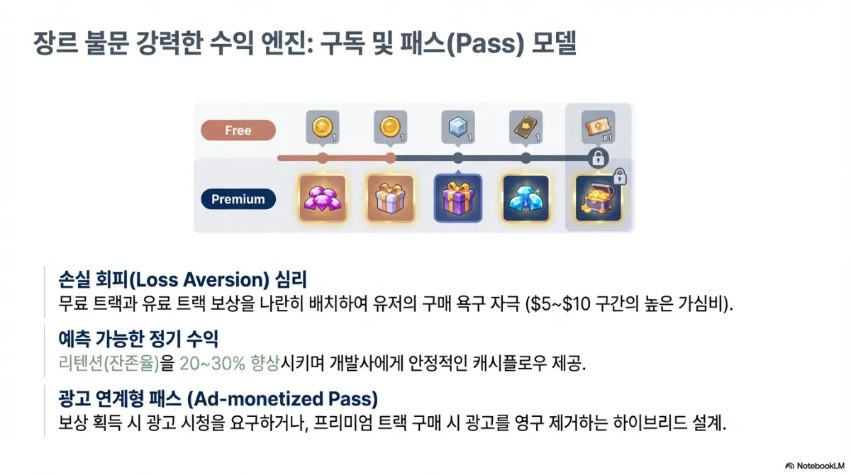 구독 및 패스 모델 슬라이드. 무료(Free) 트랙과 프리미엄(Premium) 트랙이 위아래로 놓인 보상 레일 그림. 아래 설명 — 손실 회피 심리(무료 트랙과 유료 트랙 보상을 나란히 배치해 구매 욕구 자극, 510달러 구간의 높은 가심비), 예측 가능한 정기 수익(리텐션을 2030% 향상시키며 안정적인 캐시플로 제공), 광고 연계형 패스(보상 획득 시 광고 시청을 요구하거나 프리미엄 트랙 구매 시 광고를 영구 제거하는 하이브리드 설계)
