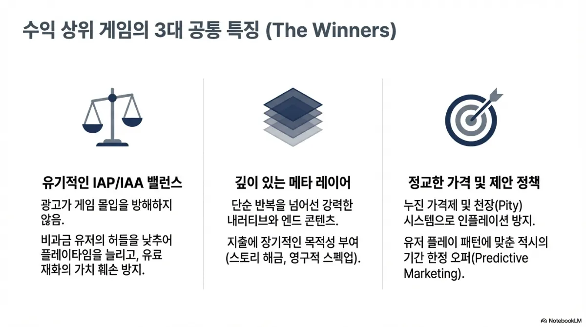 수익 상위 게임의 3대 공통 특징 슬라이드. 유기적인 IAP/IAA 밸런스(광고가 게임 몰입을 방해하지 않고, 비과금 유저의 허들을 낮춰 플레이타임을 늘리며 유료 재화의 가치를 훼손하지 않음), 깊이 있는 메타 레이어(단순 반복을 넘어선 내러티브와 엔드 콘텐츠, 지출에 장기적인 목적성 부여), 정교한 가격 및 제안 정책(누진 가격제와 천장 시스템으로 인플레이션 방지, 유저 플레이 패턴에 맞춘 적시의 기간 한정 오퍼)