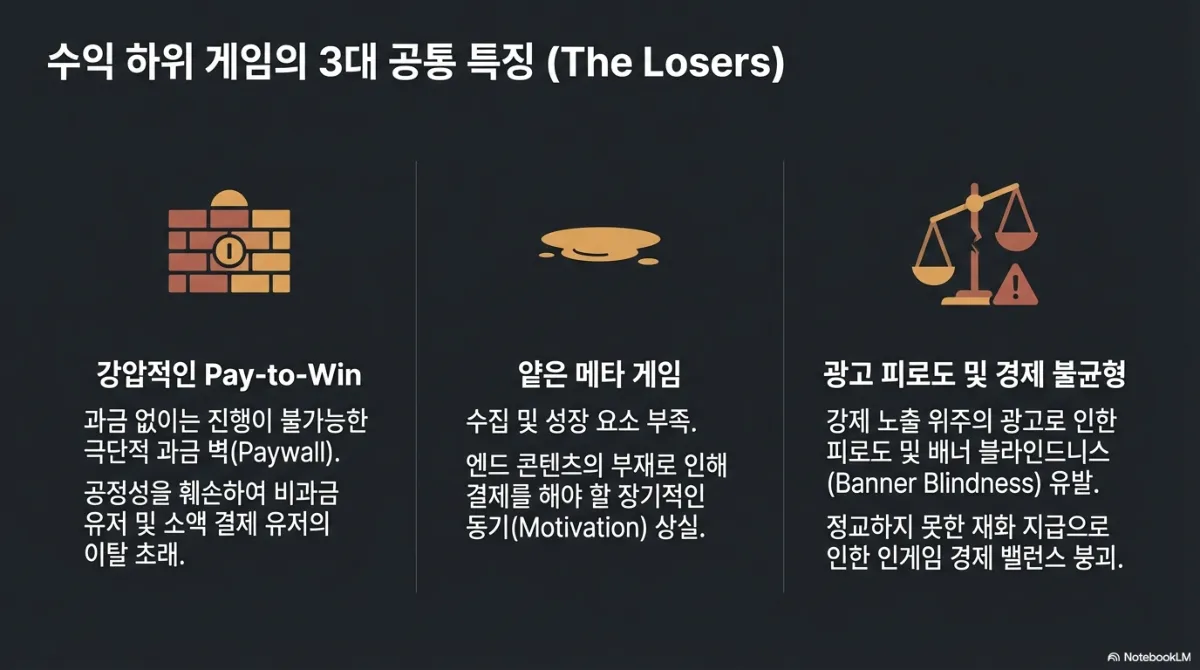 수익 하위 게임의 3대 공통 특징 슬라이드. 강압적인 Pay-to-Win(과금 없이는 진행이 불가능한 극단적 과금 벽, 공정성 훼손으로 비과금·소액 결제 유저 이탈), 얕은 메타 게임(수집과 성장 요소 부족, 엔드 콘텐츠 부재로 장기적인 결제 동기 상실), 광고 피로도 및 경제 불균형(강제 노출 위주의 광고로 피로도와 배너 블라인드니스 유발, 정교하지 못한 재화 지급으로 인게임 경제 밸런스 붕괴)