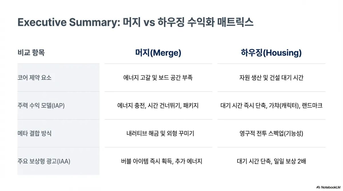 머지 vs 하우징 수익화 매트릭스. 코어 제약 요소는 머지가 에너지 고갈과 보드 공간 부족, 하우징이 자원 생산과 건설 대기 시간. 주력 수익 모델은 머지가 에너지 충전·시간 건너뛰기·패키지, 하우징이 대기 시간 즉시 단축·가챠·랜드마크. 메타 결합 방식은 머지가 내러티브 해금과 외형 꾸미기, 하우징이 영구적 전투 스펙업. 주요 보상형 광고는 머지가 버블 아이템 즉시 획득과 추가 에너지, 하우징이 대기 시간 단축과 일일 보상 2배