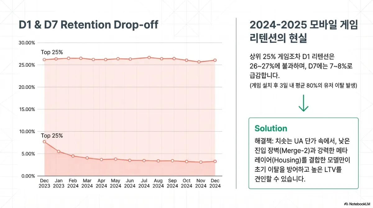 D1 & D7 리텐션 하락 그래프. 상위 25% 게임조차 D1 리텐션이 2627%에 불과하고 D7에는 78%로 급감한다는 설명. 게임 설치 후 3일 내 평균 80%의 유저 이탈이 발생하며, 치솟는 UA 단가 속에서 낮은 진입 장벽(머지)과 강력한 메타 레이어(하우징)를 결합한 모델만이 초기 이탈을 방어하고 높은 LTV를 견인할 수 있다는 결론