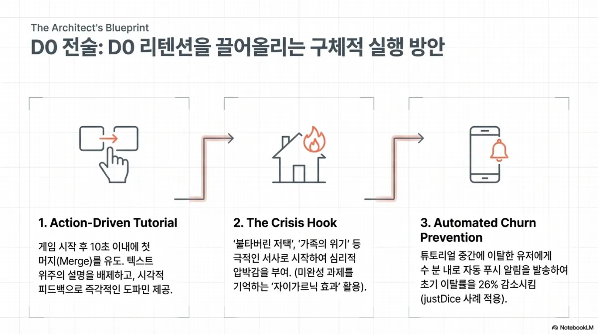 D0 전술 슬라이드. 1 Action-Driven Tutorial(게임 시작 후 10초 이내에 첫 머지를 유도, 텍스트 위주의 설명을 배제하고 시각적 피드백으로 즉각적인 보상 제공), 2 The Crisis Hook(불타버린 저택이나 가족의 위기 같은 극적인 서사로 시작해 심리적 압박감 부여, 미완성 과제를 기억하는 자이가르닉 효과 활용), 3 Automated Churn Prevention(튜토리얼 중간에 이탈한 유저에게 수 분 내로 자동 푸시 알림을 발송해 초기 이탈률을 낮춘 사례)