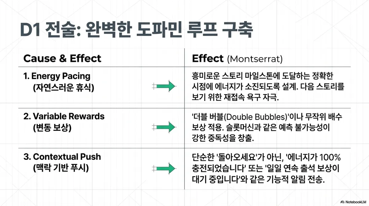 D1 전술 슬라이드. 1 Energy Pacing(흥미로운 스토리 마일스톤에 도달하는 정확한 시점에 에너지가 소진되도록 설계해 다음 스토리를 보기 위한 재접속 욕구 자극), 2 Variable Rewards(더블 버블이나 무작위 배수 보상을 적용해 예측 불가능성으로 몰입 유도), 3 Contextual Push(단순한 돌아오세요가 아니라 에너지가 100% 충전되었습니다 또는 일일 연속 출석 보상이 대기 중입니다 같은 기능적 알림 전송)