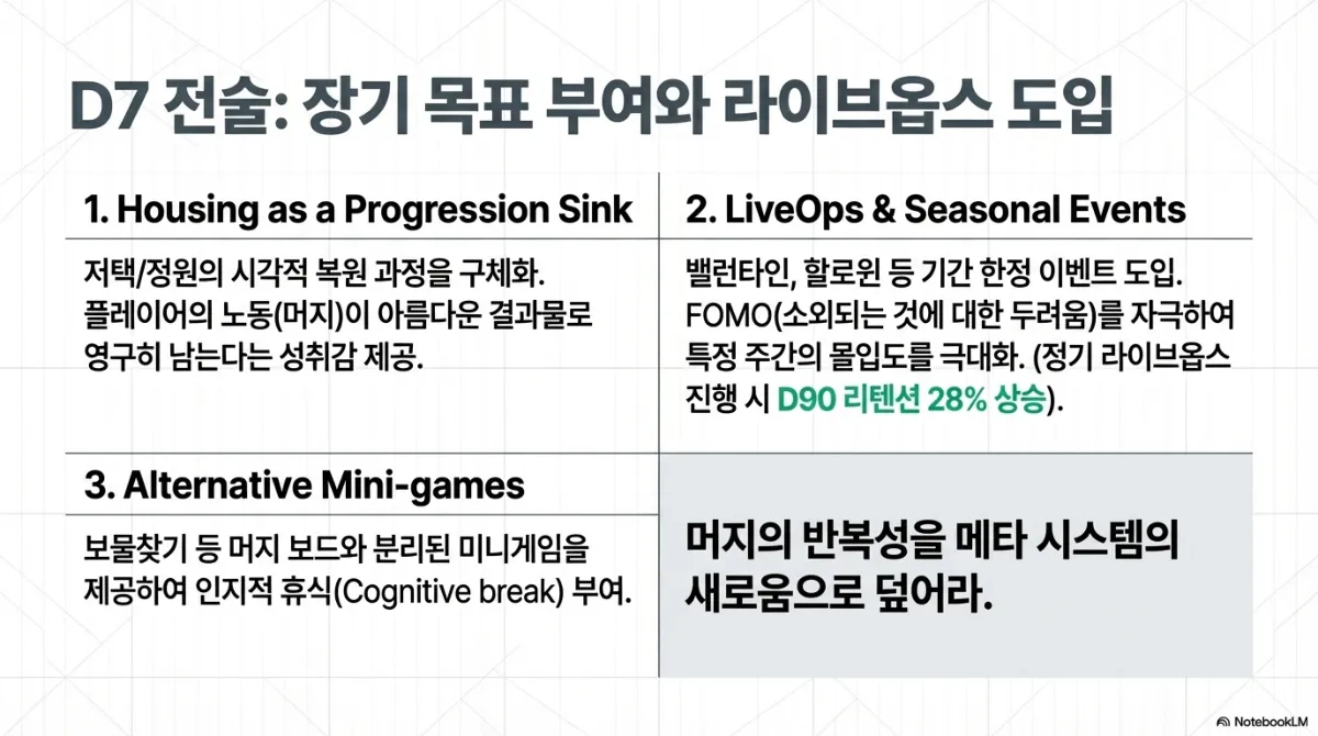D7 전술 슬라이드. 1 Housing as a Progression Sink(저택과 정원의 시각적 복원 과정을 구체화해 플레이어의 노동이 아름다운 결과물로 영구히 남는다는 성취감 제공), 2 LiveOps & Seasonal Events(밸런타인·할로윈 등 기간 한정 이벤트로 특정 주간의 몰입도 극대화, 정기 라이브옵스 진행 시 D90 리텐션이 상승했다는 사례), 3 Alternative Mini-games(보물찾기 등 머지 보드와 분리된 미니게임으로 인지적 휴식 부여). 결론은 머지의 반복성을 메타 시스템의 새로움으로 덮으라는 것
