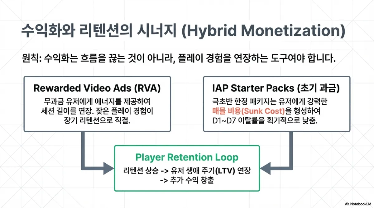 하이브리드 수익화 슬라이드. 원칙은 수익화가 흐름을 끊는 것이 아니라 플레이 경험을 연장하는 도구여야 한다는 것. 보상형 비디오 광고는 무과금 유저에게 에너지를 제공해 세션 길이를 연장하고, 초기 한정 패키지는 매몰 비용을 형성해 D1~D7 이탈률을 낮춘다. 둘이 합쳐져 리텐션 상승 → 유저 생애 주기(LTV) 연장 → 추가 수익 창출로 이어지는 플레이어 리텐션 루프