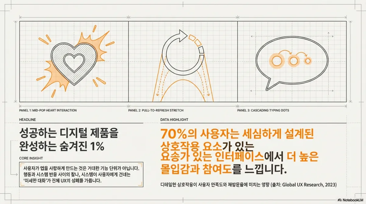 성공하는 디지털 제품을 완성하는 숨겨진 1% 슬라이드. 하트를 누르는 순간의 반응, 당겨서 새로고침할 때의 늘어남, 입력 중을 알리는 점 세 개 애니메이션 세 가지 패널. 핵심 문장은 사용자가 앱을 사랑하게 만드는 것은 거대한 기능 단위가 아니라 행동과 시스템 반응 사이의 찰나, 시스템이 사용자에게 건네는 미세한 대화가 전체 UX의 성패를 가른다는 것. 오른쪽에는 세심하게 설계된 상호작용 요소가 있는 인터페이스에서 사용자가 더 높은 몰입감과 참여도를 느낀다는 조사 결과