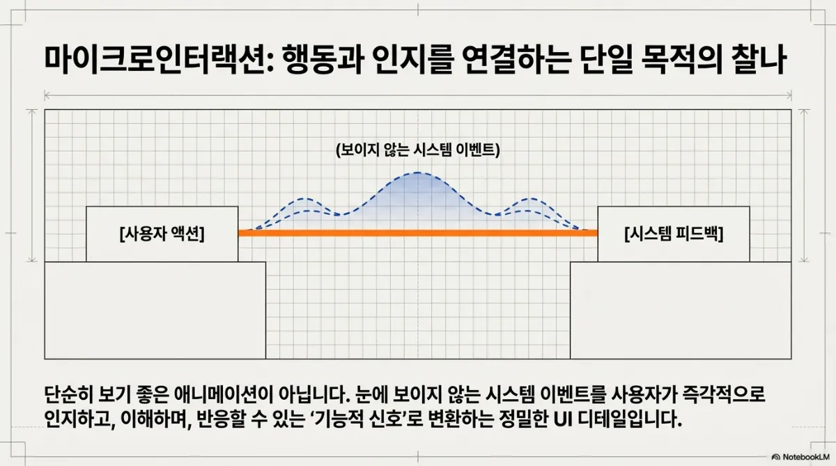 마이크로인터랙션 정의 슬라이드. 사용자 액션과 시스템 피드백 사이에 보이지 않는 시스템 이벤트가 놓인 도식. 단순히 보기 좋은 애니메이션이 아니라, 눈에 보이지 않는 시스템 이벤트를 사용자가 즉각적으로 인지하고 이해하며 반응할 수 있는 기능적 신호로 변환하는 정밀한 UI 디테일이라는 설명