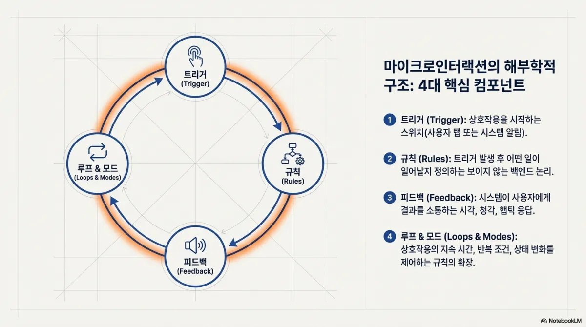 마이크로인터랙션의 해부학적 구조 슬라이드. 트리거 → 규칙 → 피드백 → 루프 & 모드가 순환하는 도식. 트리거는 상호작용을 시작하는 스위치(사용자 탭 또는 시스템 알림), 규칙은 트리거 발생 후 어떤 일이 일어날지 정의하는 보이지 않는 백엔드 논리, 피드백은 시스템이 결과를 소통하는 시각·청각·햅틱 응답, 루프와 모드는 지속 시간·반복 조건·상태 변화를 제어하는 규칙의 확장