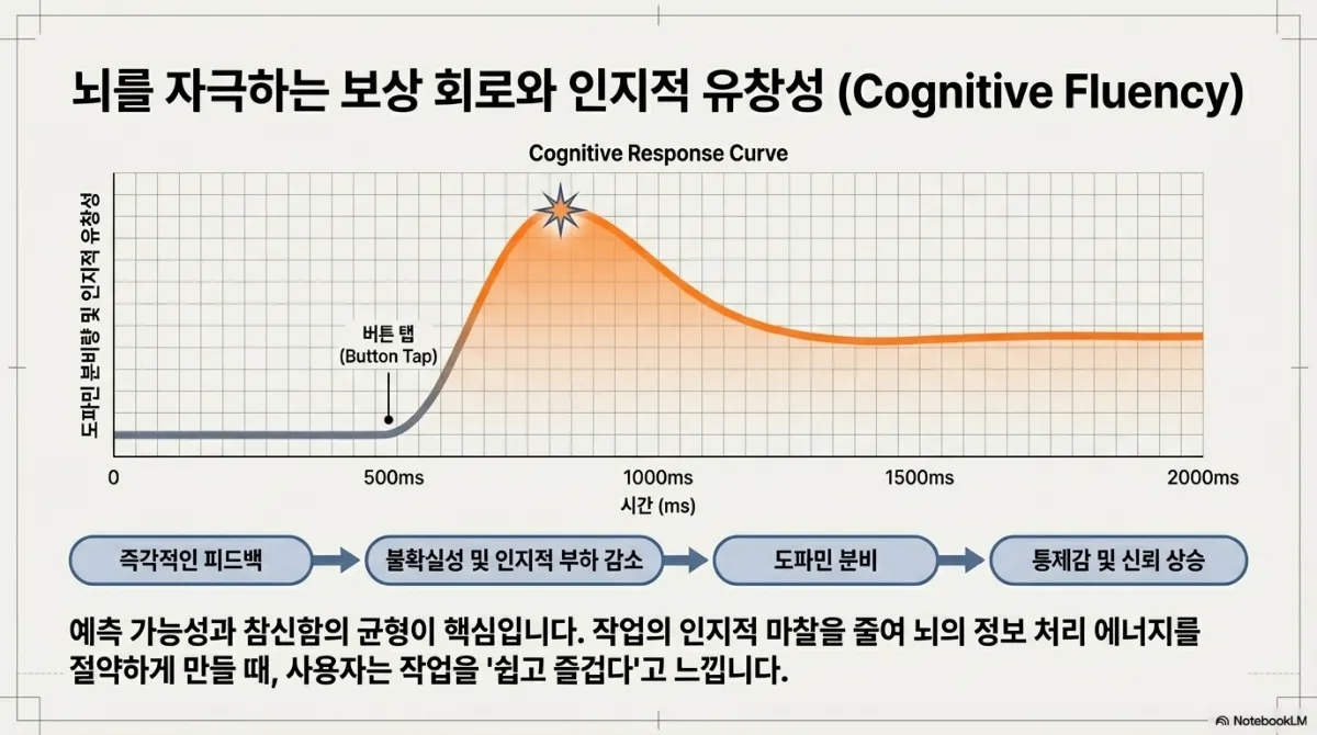뇌를 자극하는 보상 회로와 인지적 유창성 슬라이드. 버튼 탭 이후 반응이 올라오는 곡선 그래프와 함께, 즉각적인 피드백 → 불확실성 및 인지적 부하 감소 → 도파민 분비 → 통제감 및 신뢰 상승으로 이어지는 흐름. 예측 가능성과 참신함의 균형이 핵심이며, 작업의 인지적 마찰을 줄여 뇌의 정보 처리 에너지를 절약하게 만들 때 사용자는 작업을 쉽고 즐겁다고 느낀다는 설명