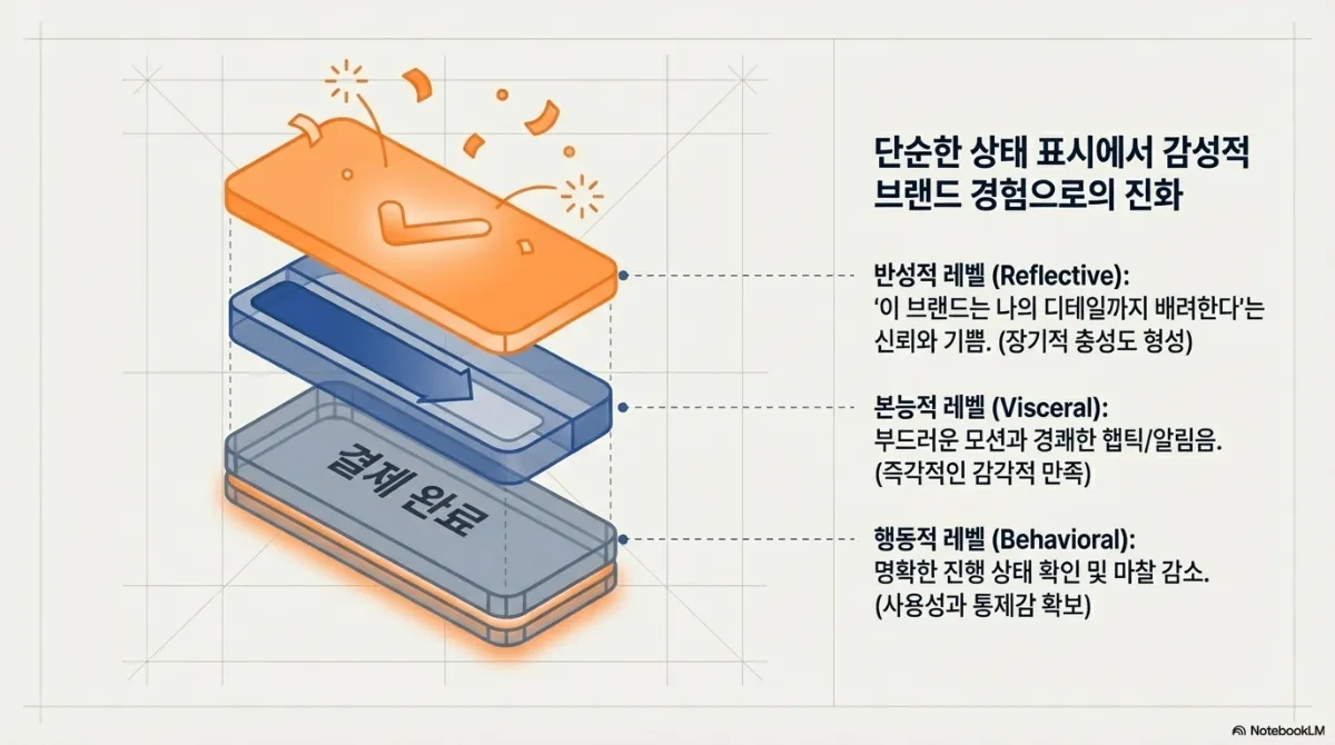 단순한 상태 표시에서 감성적 브랜드 경험으로의 진화 슬라이드. 결제 완료 화면을 세 겹으로 분해한 그림. 반성적 레벨은 이 브랜드는 나의 디테일까지 배려한다는 신뢰와 기쁨(장기적 충성도 형성), 본능적 레벨은 부드러운 모션과 경쾌한 햅틱·알림음(즉각적인 감각적 만족), 행동적 레벨은 명확한 진행 상태 확인과 마찰 감소(사용성과 통제감 확보)