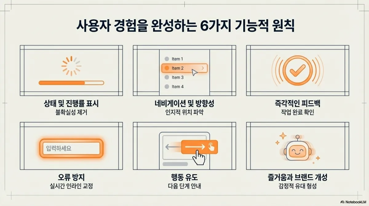 사용자 경험을 완성하는 6가지 기능적 원칙 슬라이드. 상태 및 진행률 표시(불확실성 제거), 네비게이션 및 방향성(인지적 위치 파악), 즉각적인 피드백(작업 완료 확인), 오류 방지(실시간 인라인 교정), 행동 유도(다음 단계 안내), 즐거움과 브랜드 개성(감정적 유대 형성)
