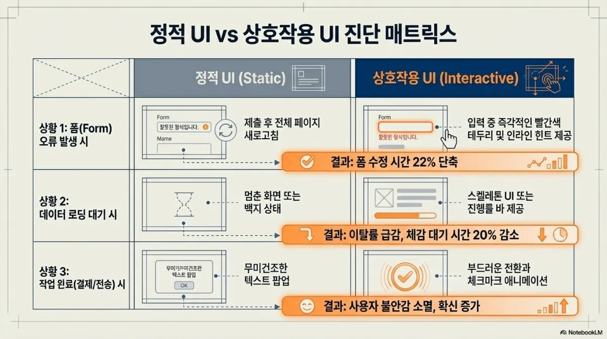정적 UI vs 상호작용 UI 진단 매트릭스. 상황 1 폼 오류 발생 시 — 정적 UI는 제출 후 전체 페이지 새로고침, 상호작용 UI는 입력 중 즉각적인 테두리 표시와 인라인 힌트 제공. 상황 2 데이터 로딩 대기 시 — 정적 UI는 멈춘 화면이나 백지 상태, 상호작용 UI는 스켈레톤 UI 또는 진행률 바 제공. 상황 3 작업 완료 시 — 정적 UI는 무미건조한 텍스트 팝업, 상호작용 UI는 부드러운 전환과 체크마크 애니메이션. 각 행에 폼 수정 시간 단축, 체감 대기 시간 감소, 사용자 불안감 해소라는 결과가 붙어 있다