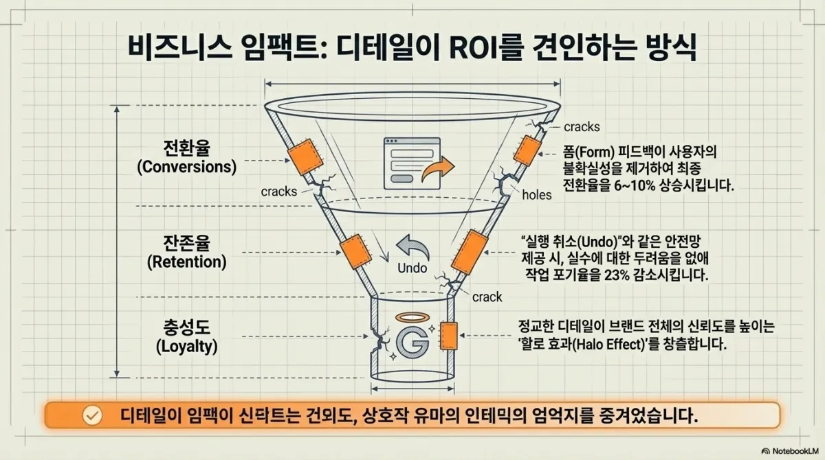 비즈니스 임팩트 슬라이드. 전환율·잔존율·충성도 세 층으로 된 깔때기 그림에 균열이 나 있고, 마이크로인터랙션이 그 균열을 메우는 것으로 표현. 폼 피드백이 사용자의 불확실성을 제거해 최종 전환율을 끌어올리고, 실행 취소 같은 안전망을 제공하면 실수에 대한 두려움이 줄어 작업 포기율이 감소하며, 정교한 디테일이 브랜드 전체의 신뢰도를 높이는 할로 효과를 만든다는 설명