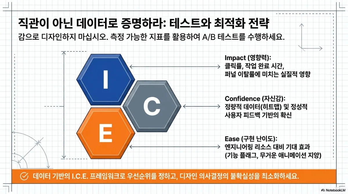 데이터로 증명하라 슬라이드. I.C.E. 프레임워크 — Impact(영향력)는 클릭률·작업 완료 시간·퍼널 이탈률에 미치는 실질적 영향, Confidence(자신감)는 정량적 데이터(히트맵)와 정성적 사용자 피드백 기반의 확신, Ease(구현 난이도)는 엔지니어링 리소스 대비 기대 효과. 감으로 디자인하지 말고 측정 가능한 지표로 A/B 테스트를 수행하라는 설명