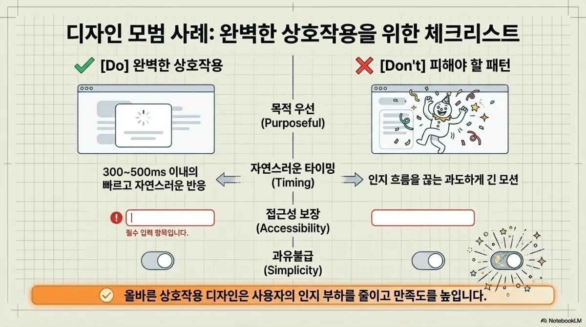 디자인 모범 사례 체크리스트 슬라이드. 목적 우선(Purposeful) — 왼쪽은 로딩 상태를 알려 주는 화면, 오른쪽은 의미 없는 축하 연출. 자연스러운 타이밍(Timing) — 300~500ms 이내의 빠르고 자연스러운 반응 대 인지 흐름을 끊는 과도하게 긴 모션. 접근성 보장(Accessibility) — 아이콘과 문구가 함께 있는 오류 표시 대 테두리 색만 바뀐 표시. 과유불급(Simplicity) — 담백한 토글 대 과한 반짝임. 아래 문구는 올바른 상호작용 디자인이 사용자의 인지 부하를 줄이고 만족도를 높인다는 것