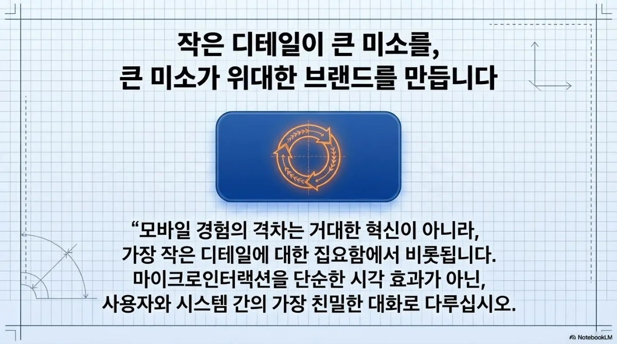 마무리 슬라이드. '작은 디테일이 큰 미소를, 큰 미소가 위대한 브랜드를 만듭니다'라는 제목과 함께, 모바일 경험의 격차는 거대한 혁신이 아니라 가장 작은 디테일에 대한 집요함에서 비롯되며 마이크로인터랙션을 단순한 시각 효과가 아닌 사용자와 시스템 간의 가장 친밀한 대화로 다루라는 문구