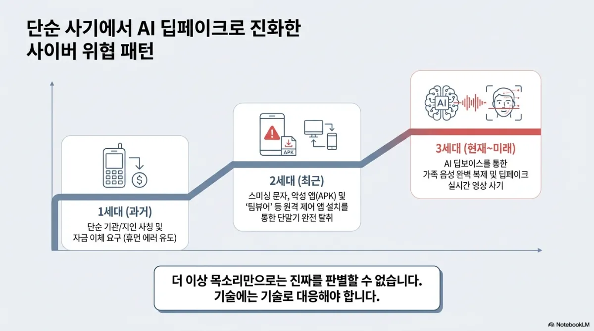 단순 사기에서 AI 딥페이크로 진화한 사이버 위협 패턴 계단 그래프. 1세대(과거)는 단순 기관/지인 사칭 및 자금 이체 요구(휴먼 에러 유도). 2세대(최근)는 스미싱 문자, 악성 앱(APK) 및 팀뷰어 등 원격 제어 앱 설치를 통한 단말기 완전 탈취. 3세대(현재~미래)는 AI 딥보이스를 통한 가족 음성 완벽 복제 및 딥페이크 실시간 영상 사기. 아래 문구는 더 이상 목소리만으로는 진짜를 판별할 수 없으며 기술에는 기술로 대응해야 한다는 것