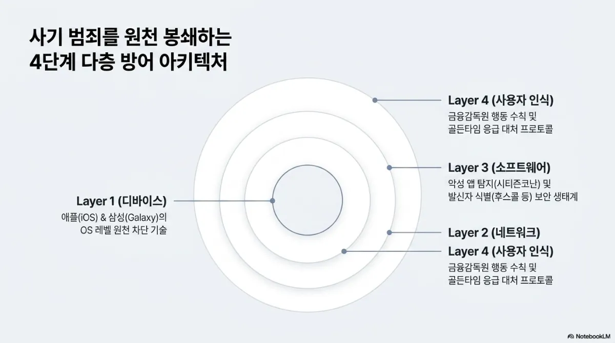 사기 범죄를 원천 봉쇄하는 4단계 다층 방어 아키텍처 동심원 도식. 가장 안쪽 Layer 1(디바이스)은 애플(iOS)과 삼성(Galaxy)의 OS 레벨 원천 차단 기술, Layer 2(네트워크), Layer 3(소프트웨어)는 악성 앱 탐지(시티즌코난) 및 발신자 식별(후스콜 등) 보안 생태계, 가장 바깥 Layer 4(사용자 인식)는 금융감독원 행동 수칙 및 골든타임 응급 대처 프로토콜. 원본 도식에는 Layer 4 설명이 두 번 표기되어 있고 Layer 2 설명은 비어 있음
