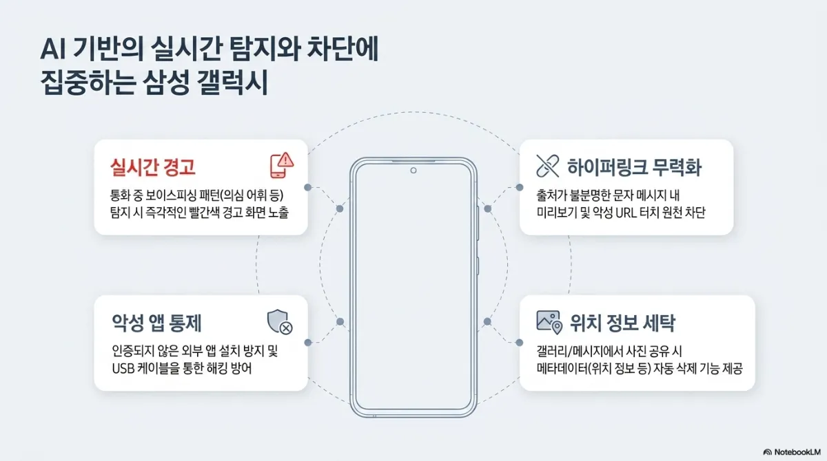 AI 기반의 실시간 탐지와 차단에 집중하는 삼성 갤럭시 슬라이드. 스마트폰을 중심으로 네 기능 배치. 실시간 경고 — 통화 중 보이스피싱 패턴(의심 어휘 등) 탐지 시 즉각적인 빨간색 경고 화면 노출. 하이퍼링크 무력화 — 출처가 불분명한 문자 메시지 내 미리보기 및 악성 URL 터치 원천 차단. 악성 앱 통제 — 인증되지 않은 외부 앱 설치 방지 및 USB 케이블을 통한 해킹 방어. 위치 정보 세탁 — 갤러리/메시지에서 사진 공유 시 메타데이터(위치 정보 등) 자동 삭제 기능 제공