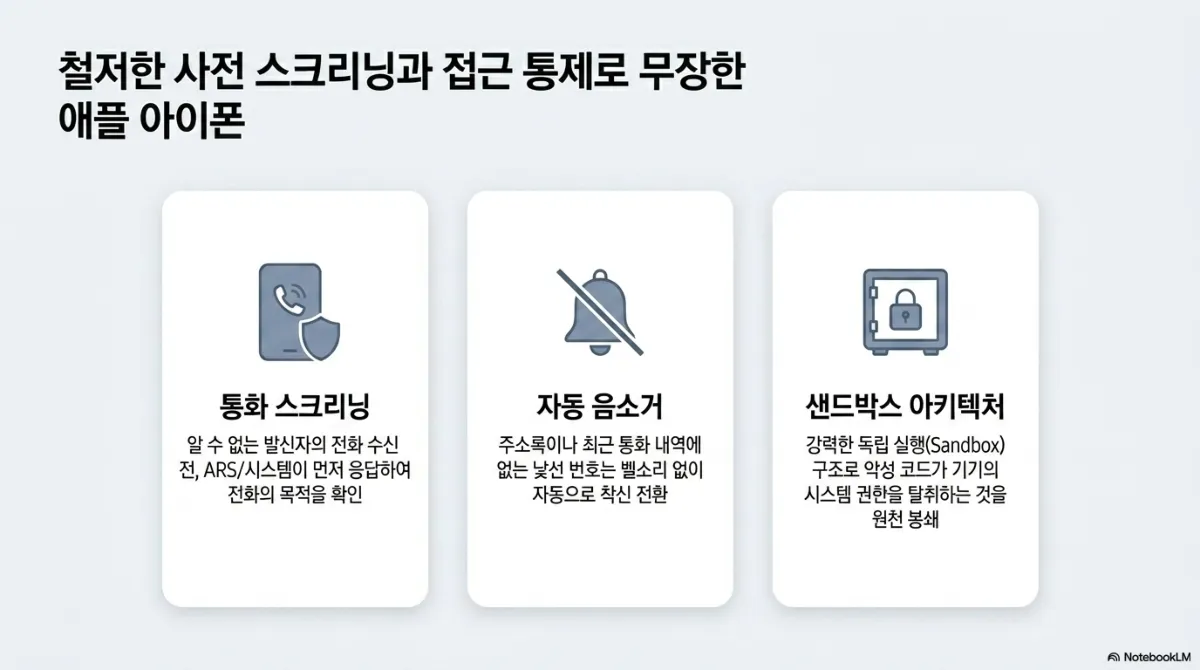 철저한 사전 스크리닝과 접근 통제로 무장한 애플 아이폰 슬라이드. 통화 스크리닝 — 알 수 없는 발신자의 전화 수신 전 ARS/시스템이 먼저 응답하여 전화의 목적을 확인. 자동 음소거 — 주소록이나 최근 통화 내역에 없는 낯선 번호는 벨소리 없이 자동으로 착신 전환. 샌드박스 아키텍처 — 강력한 독립 실행(Sandbox) 구조로 악성 코드가 기기의 시스템 권한을 탈취하는 것을 원천 봉쇄