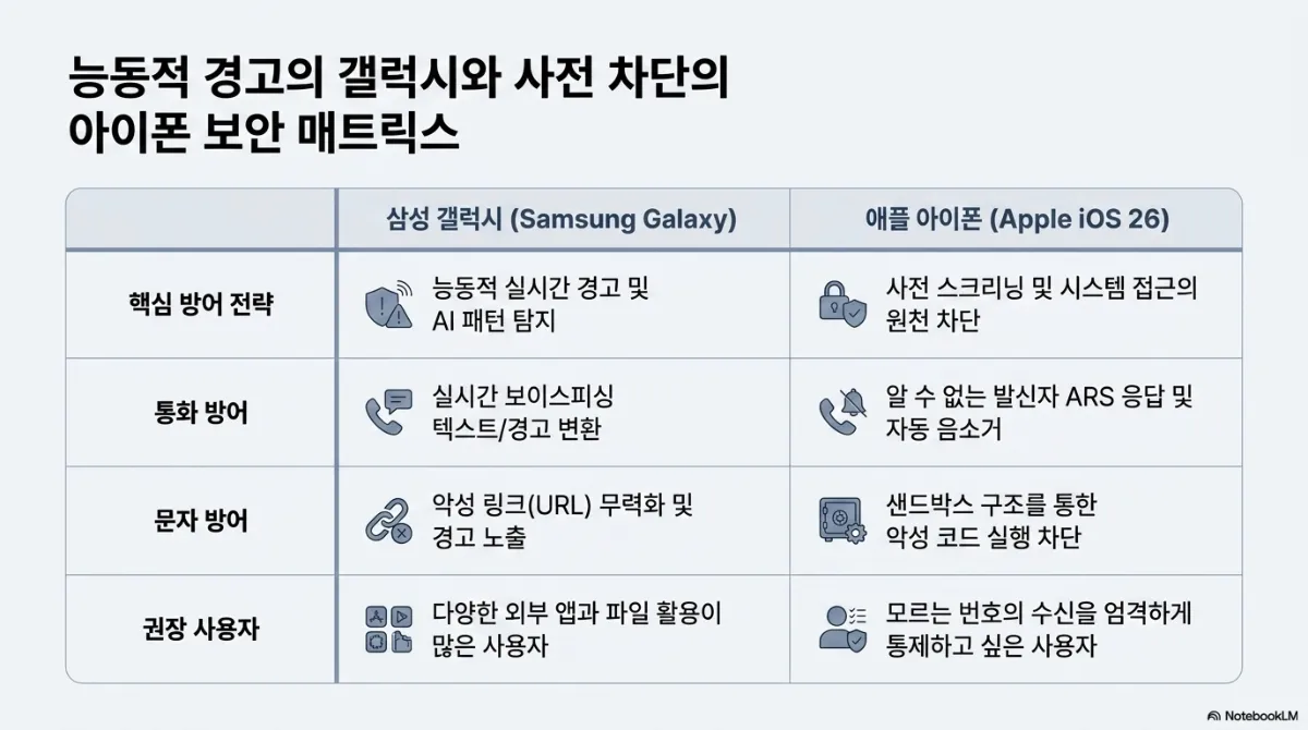 능동적 경고의 갤럭시와 사전 차단의 아이폰 보안 매트릭스 비교표. 핵심 방어 전략 — 갤럭시는 능동적 실시간 경고 및 AI 패턴 탐지, 아이폰(iOS 26)은 사전 스크리닝 및 시스템 접근의 원천 차단. 통화 방어 — 갤럭시는 실시간 보이스피싱 텍스트/경고 변환, 아이폰은 알 수 없는 발신자 ARS 응답 및 자동 음소거. 문자 방어 — 갤럭시는 악성 링크(URL) 무력화 및 경고 노출, 아이폰은 샌드박스 구조를 통한 악성 코드 실행 차단. 권장 사용자 — 갤럭시는 다양한 외부 앱과 파일 활용이 많은 사용자, 아이폰은 모르는 번호의 수신을 엄격하게 통제하고 싶은 사용자