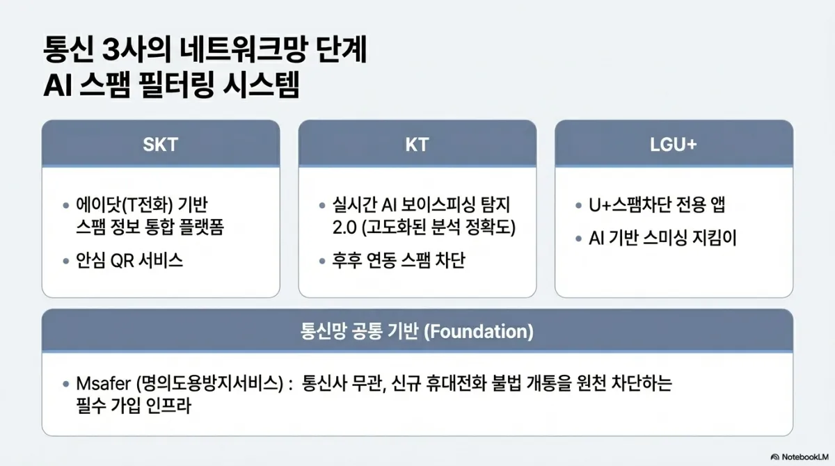 통신 3사의 네트워크망 단계 AI 스팸 필터링 시스템 슬라이드. SKT는 에이닷(T전화) 기반 스팸 정보 통합 플랫폼과 안심 QR 서비스. KT는 실시간 AI 보이스피싱 탐지 2.0(고도화된 분석 정확도)과 후후 연동 스팸 차단. LGU+는 U+스팸차단 전용 앱과 AI 기반 스미싱 지킴이. 아래 통신망 공통 기반(Foundation)으로 Msafer(명의도용방지서비스) — 통신사 무관, 신규 휴대전화 불법 개통을 원천 차단하는 필수 가입 인프라