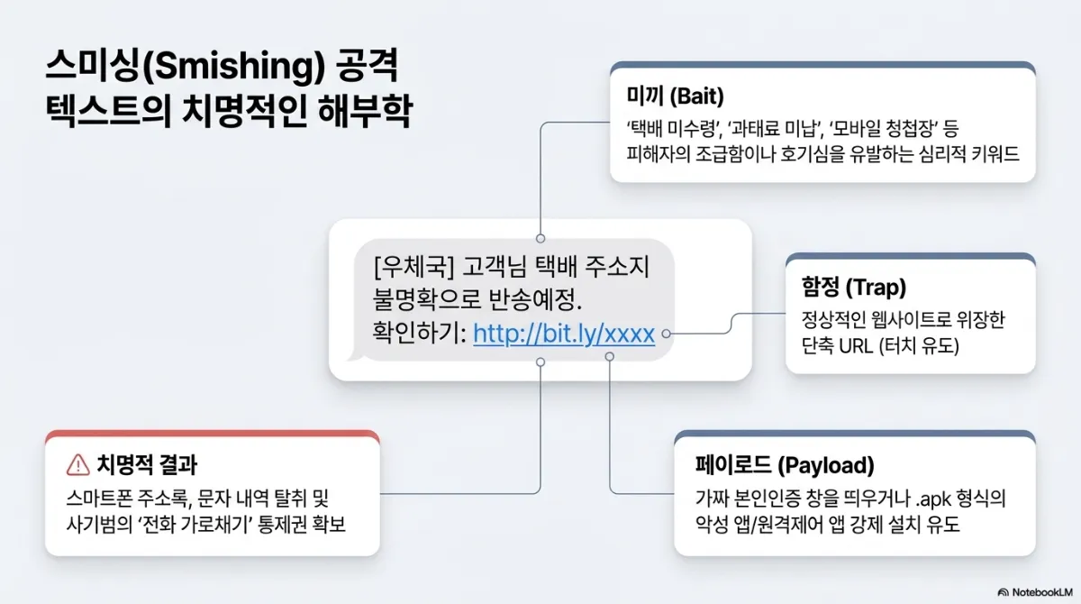 스미싱(Smishing) 공격 텍스트의 치명적인 해부학 슬라이드. 예시 문자 "[우체국] 고객님 택배 주소지 불명확으로 반송예정. 확인하기: http://bit.ly/xxxx"를 네 요소로 분해. 미끼(Bait)는 택배 미수령, 과태료 미납, 모바일 청첩장 등 피해자의 조급함이나 호기심을 유발하는 심리적 키워드. 함정(Trap)은 정상적인 웹사이트로 위장한 단축 URL(터치 유도). 페이로드(Payload)는 가짜 본인인증 창을 띄우거나 .apk 형식의 악성 앱/원격제어 앱 강제 설치 유도. 치명적 결과는 스마트폰 주소록, 문자 내역 탈취 및 사기범의 전화 가로채기 통제권 확보