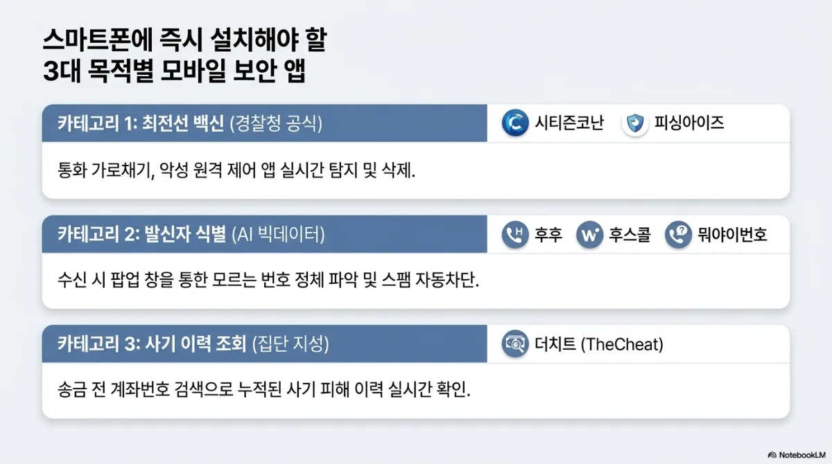 스마트폰에 즉시 설치해야 할 3대 목적별 모바일 보안 앱 슬라이드. 카테고리 1 최전선 백신(경찰청 공식) — 시티즌코난, 피싱아이즈, 통화 가로채기·악성 원격 제어 앱 실시간 탐지 및 삭제. 카테고리 2 발신자 식별(AI 빅데이터) — 후후, 후스콜, 뭐야이번호, 수신 시 팝업 창을 통한 모르는 번호 정체 파악 및 스팸 자동차단. 카테고리 3 사기 이력 조회(집단 지성) — 더치트(TheCheat), 송금 전 계좌번호 검색으로 누적된 사기 피해 이력 실시간 확인