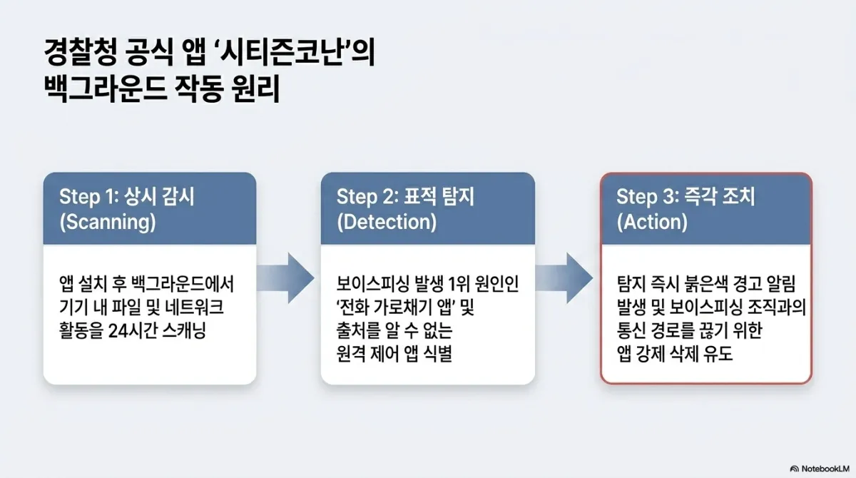 경찰청 공식 앱 시티즌코난의 백그라운드 작동 원리 3단계. Step 1 상시 감시(Scanning) — 앱 설치 후 백그라운드에서 기기 내 파일 및 네트워크 활동을 24시간 스캐닝. Step 2 표적 탐지(Detection) — 보이스피싱 발생 1위 원인인 전화 가로채기 앱 및 출처를 알 수 없는 원격 제어 앱 식별. Step 3 즉각 조치(Action) — 탐지 즉시 붉은색 경고 알림 발생 및 보이스피싱 조직과의 통신 경로를 끊기 위한 앱 강제 삭제 유도